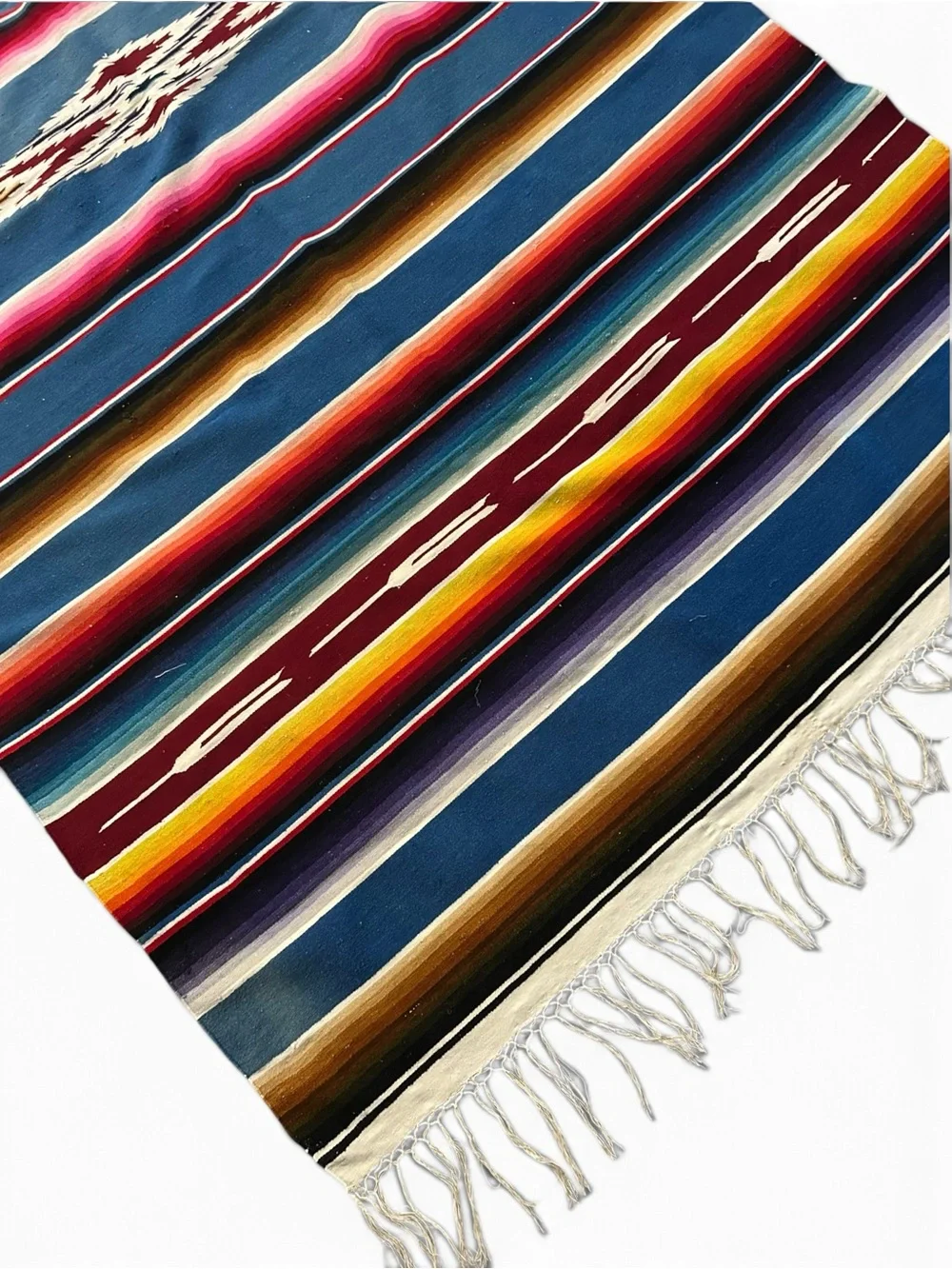 MCM Vintage Handwoven Blue Striped Mexican Serape Wool Blanket - Multi-Color
